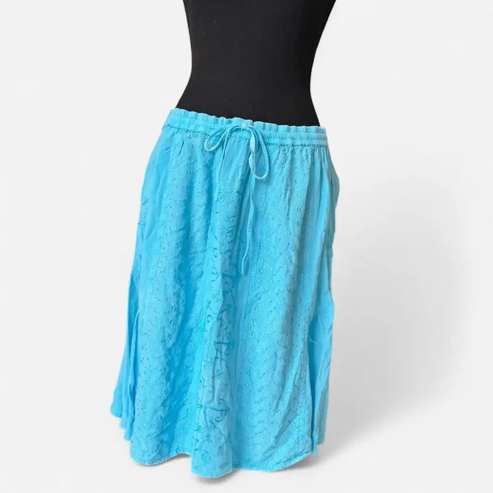 Vintage‎ y2k embroidered fairy midi peasant skirt one size cyan boho festival